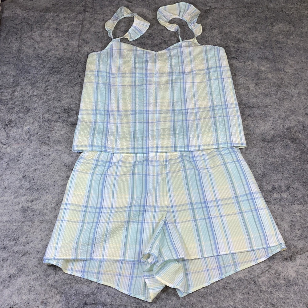 J Crew Pajama 2-Piece Set Women's 3XL Multicolor Plaid Seersucker Ruffle Strap